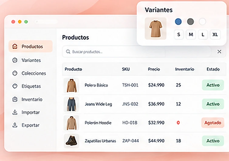 Mockup demostrativo de gestión de catálogo, filas de productos, SKU, estado y variantes.