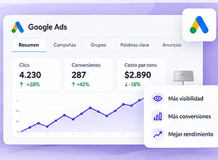 Mockup demostrativo de panel Google Ads con valores y gráfico de ejemplo, no resultados de clientes.