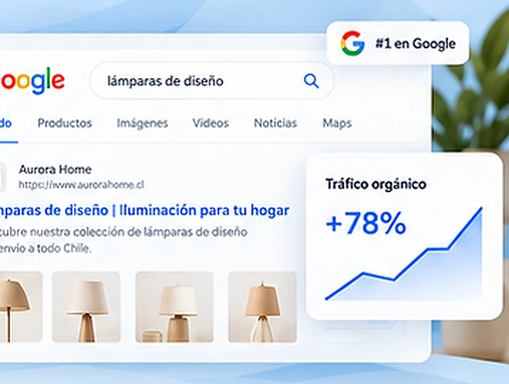 Mockup demostrativo de resultados de búsqueda para e-commerce y gráfico ilustrativo de visibilidad.