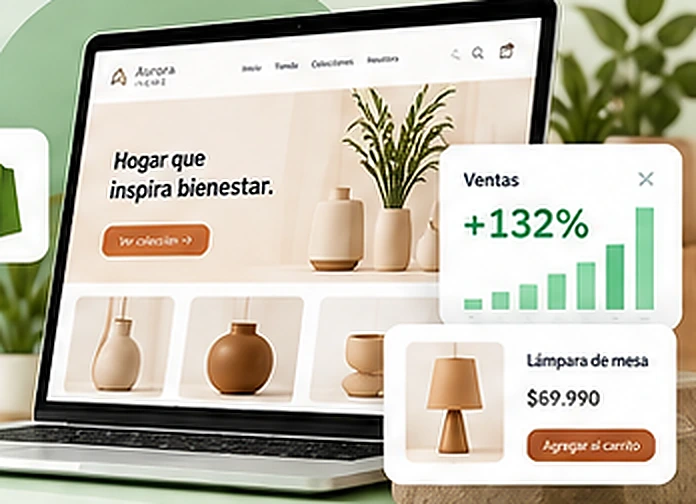 Escaparate Shopify demostrativo: se selecciona un producto, aparece su ficha y se confirma su incorporación al carrito. Las cifras del mockup son ilustrativas.