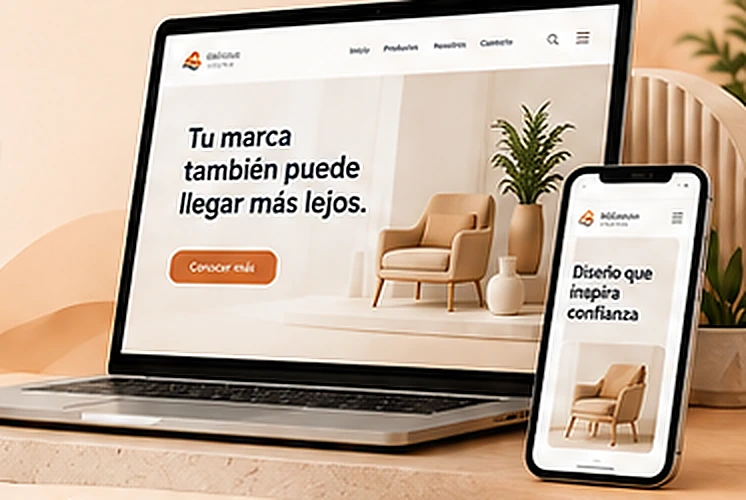 Mockup demostrativo de un sitio web en computador y teléfono, con identidad cálida y diseño responsive.